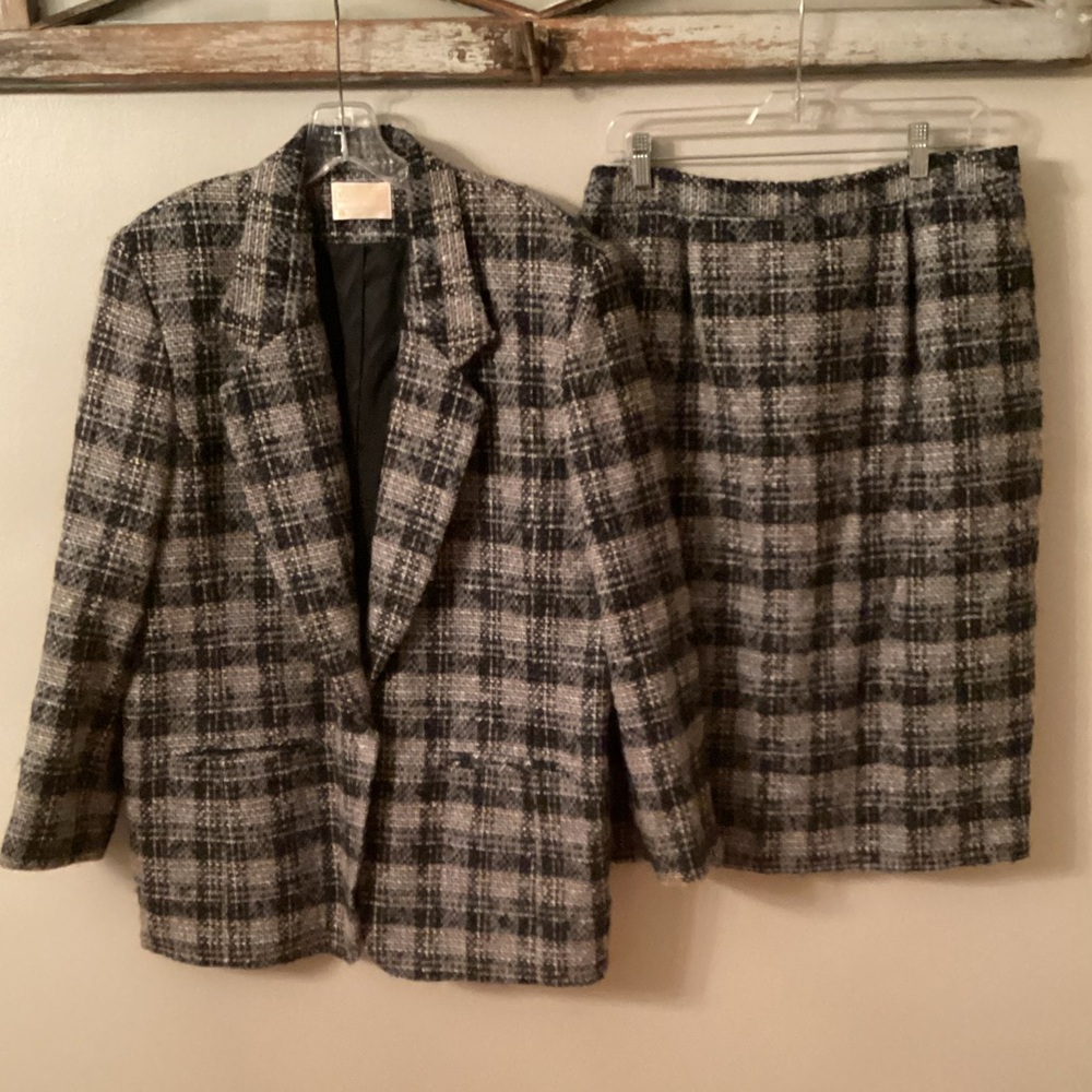 VINTAGE 70s PENDLETON GRAY TAN PLAID WOOL SKIT SUIT BLAZER JACKET SIZE 14/16